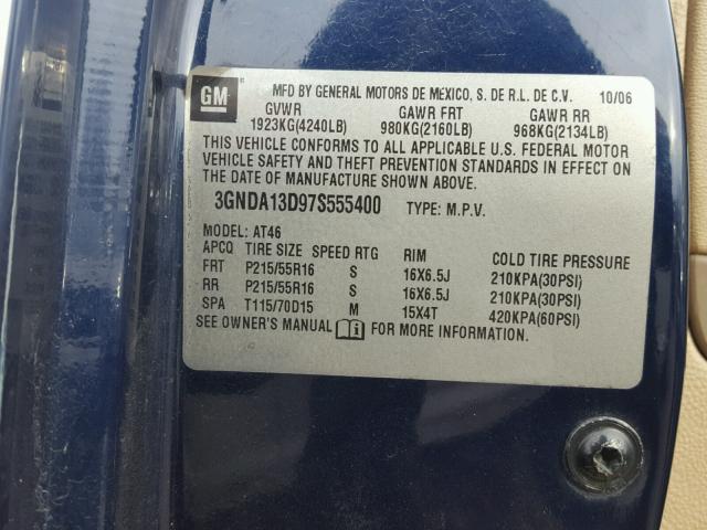 3GNDA13D97S555400 - 2007 CHEVROLET HHR LS BLUE photo 10