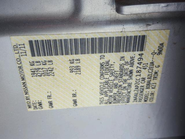 1N4AL2AP2CC187494 - 2012 NISSAN ALTIMA BAS SILVER photo 10