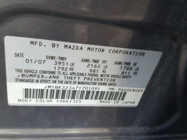 JM1BK323471701091 - 2007 MAZDA 3 S GRAY photo 10