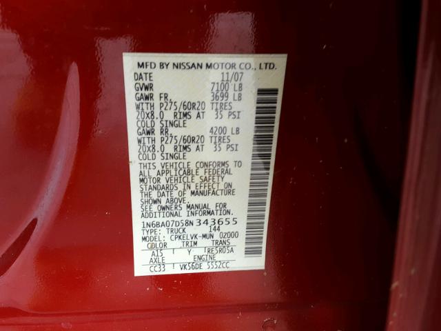 1N6BA07D58N343655 - 2008 NISSAN TITAN XE RED photo 10