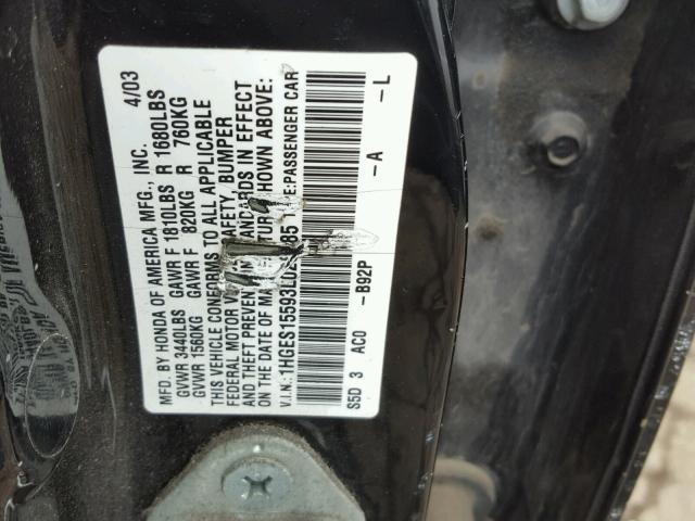 1HGES15593L026885 - 2003 HONDA CIVIC LX BLACK photo 10