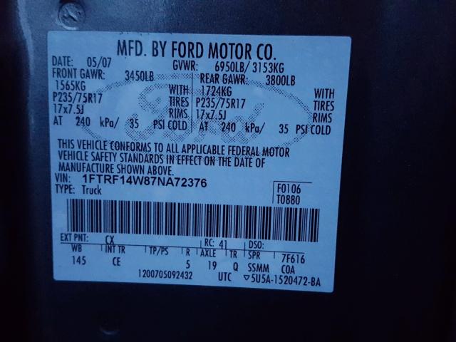 1FTRF14W87NA72376 - 2007 FORD F150 GRAY photo 10