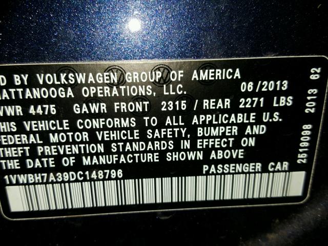 1VWBH7A39DC148796 - 2013 VOLKSWAGEN PASSAT SE BLUE photo 10