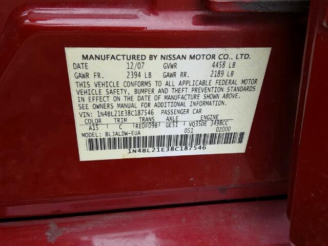 1N4BL21E38C187546 - 2008 NISSAN ALTIMA 3.5 RED photo 10