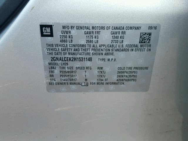 2GNALCEK2H1531148 - 2017 CHEVROLET EQUINOX LT SILVER photo 10