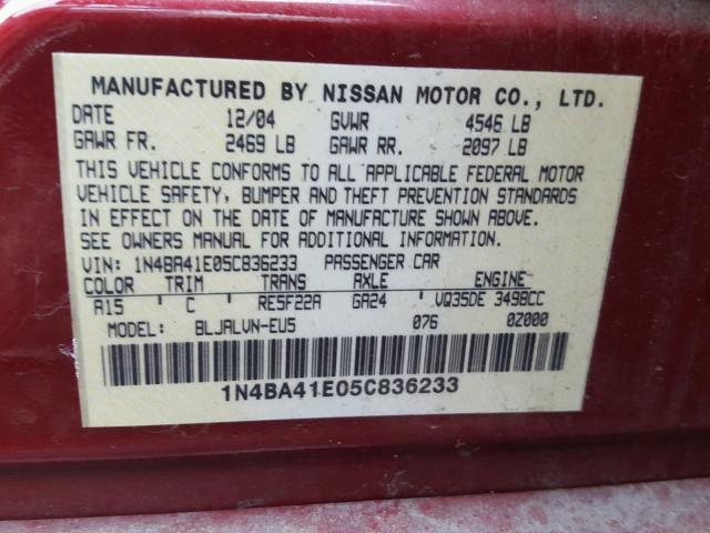 1N4BA41E05C836233 - 2005 NISSAN MAXIMA SE RED photo 10