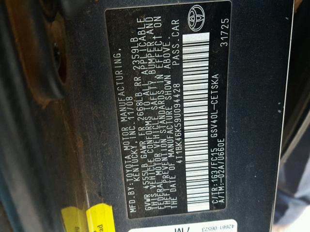 4T1BK46K59U094428 - 2009 TOYOTA CAMRY SE CHARCOAL photo 10