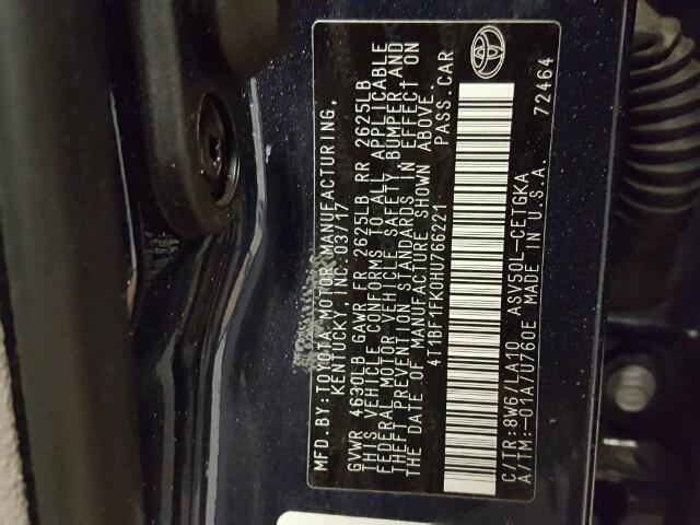 4T1BF1FK0HU766221 - 2017 TOYOTA CAMRY LE BLUE photo 10