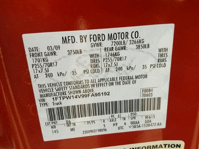 1FTPW14V99FA95192 - 2009 FORD F150 SUPER RED photo 10