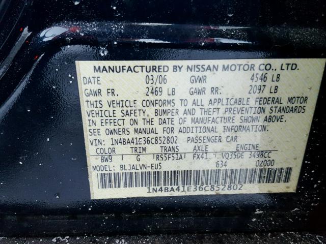 1N4BA41E36C852802 - 2006 NISSAN MAXIMA SE BLUE photo 10