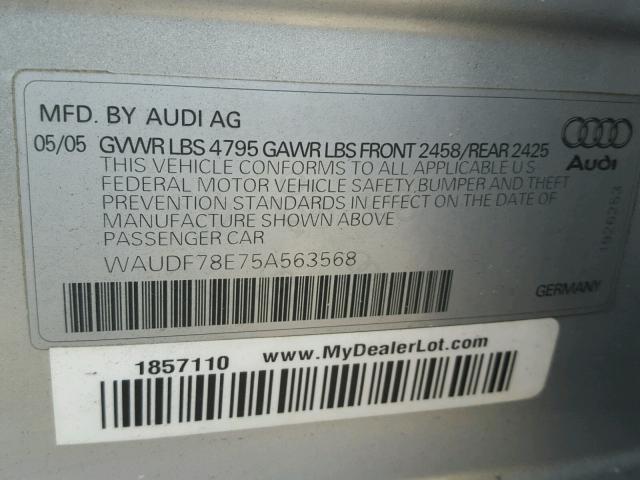 WAUDF78E75A563568 - 2005 AUDI A4 2.0T QU SILVER photo 10