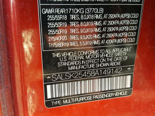 SALSK25458A149142 - 2008 LAND ROVER RANGE ROVE RED photo 10