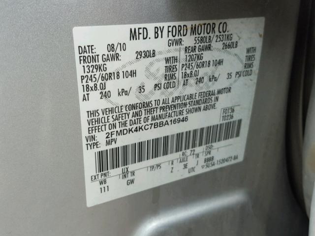 2FMDK4KC7BBA16946 - 2011 FORD EDGE LIMIT SILVER photo 10