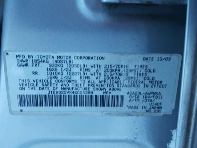 JTEHD20VX46004389 - 2004 TOYOTA RAV4 SILVER photo 10