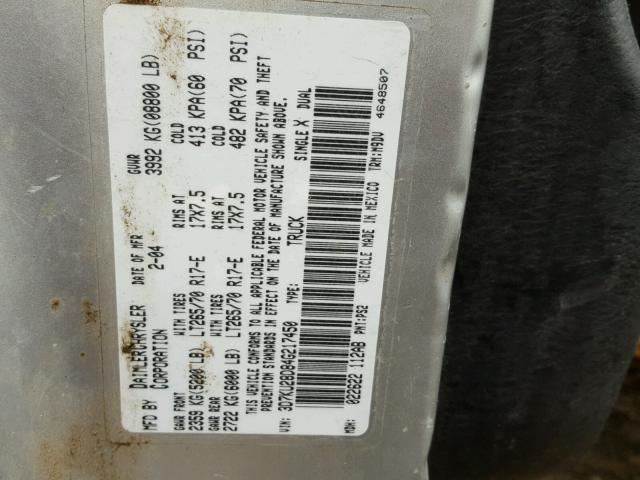 3D7KU28D84G217450 - 2004 DODGE RAM 2500 S SILVER photo 10
