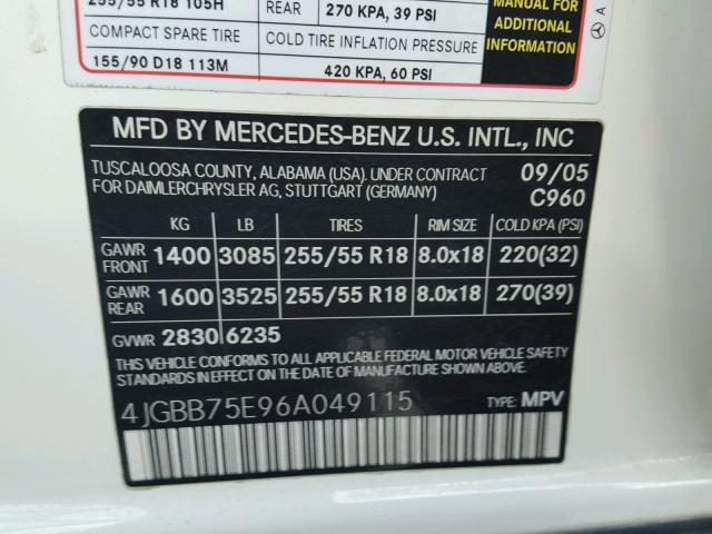 4JGBB75E96A049115 - 2006 MERCEDES-BENZ ML 500 WHITE photo 10