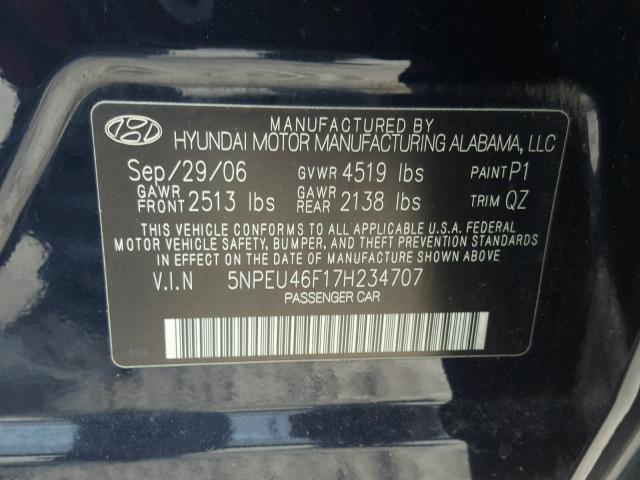 5NPEU46F17H234707 - 2007 HYUNDAI SONATA SE BLUE photo 10