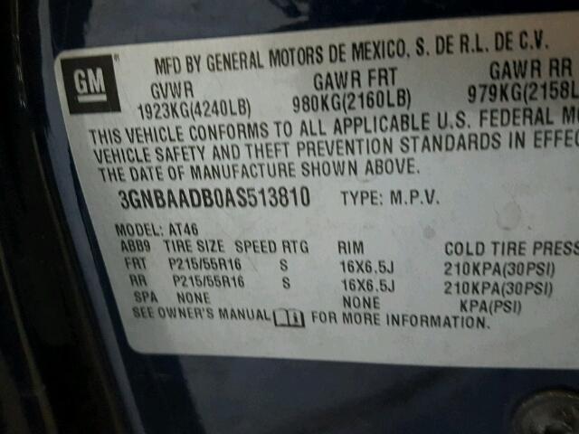 3GNBAADB0AS513810 - 2010 CHEVROLET HHR LS BLUE photo 10