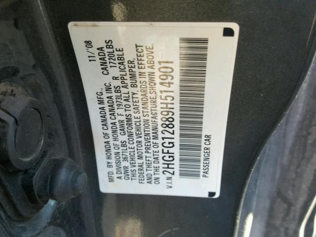 2HGFG12889H514901 - 2009 HONDA CIVIC EX GRAY photo 10