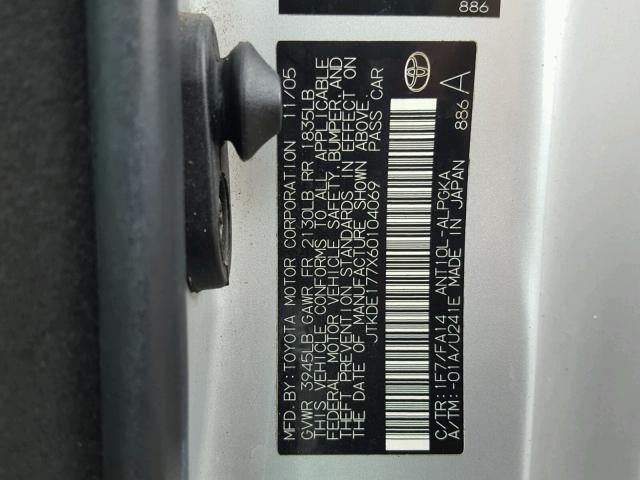 JTKDE177X60104069 - 2006 TOYOTA SCION TC 银色 照片 10