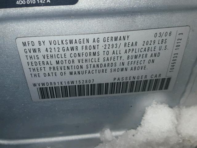 WVWDR91K16W152807 - 2006 VOLKSWAGEN RABBIT GRAY photo 10