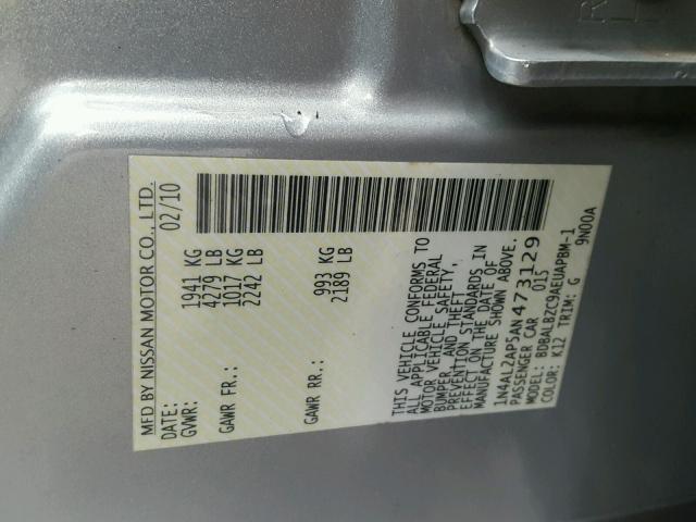 1N4AL2AP5AN473129 - 2010 NISSAN ALTIMA BAS SILVER photo 10