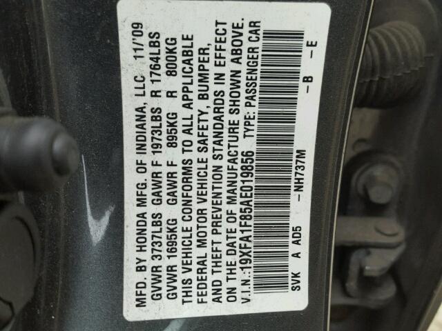 19XFA1F85AE019856 - 2010 HONDA CIVIC EX GRAY photo 10