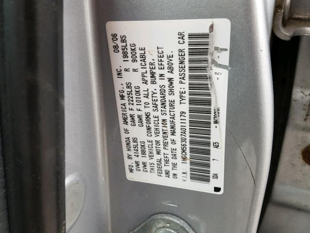 1HGCM56307A011179 - 2007 HONDA ACCORD SE SILVER photo 10