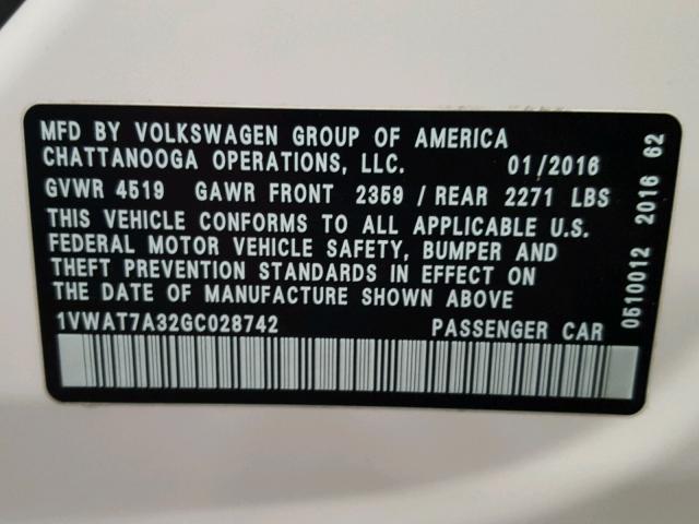 1VWAT7A32GC028742 - 2016 VOLKSWAGEN PASSAT S أبيض صورة 10