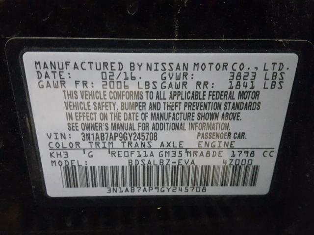 3N1AB7AP9GY245708 - 2016 NISSAN SENTRA S BLACK photo 10