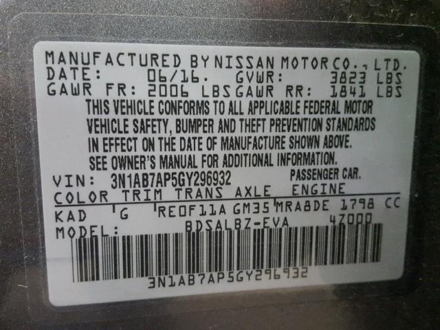 3N1AB7AP5GY296932 - 2016 NISSAN SENTRA S GRAY photo 10