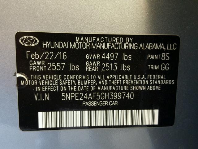 5NPE24AF5GH399740 - 2016 HYUNDAI SONATA SE GRAY photo 10