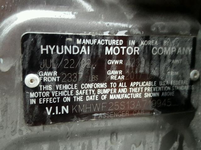 KMHWF25S13A719945 - 2003 HYUNDAI SONATA GL GRAY photo 10