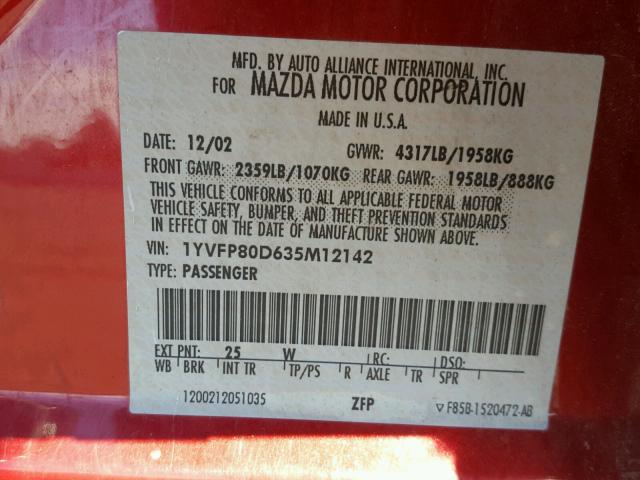 1YVFP80D635M12142 - 2003 MAZDA 6 S RED photo 10