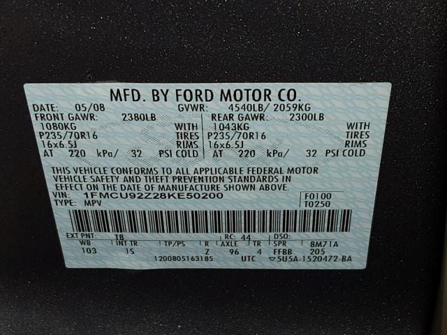 1FMCU92Z28KE50200 - 2008 FORD ESCAPE XLS GRAY photo 10