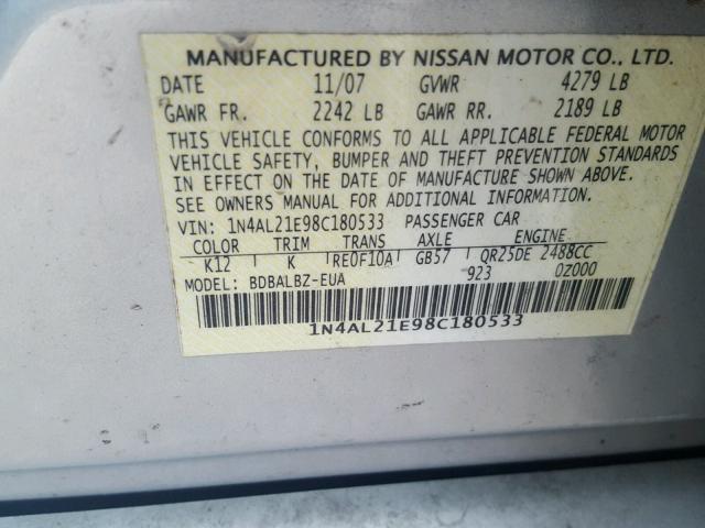 1N4AL21E98C180533 - 2008 NISSAN ALTIMA 2.5 SILVER photo 10