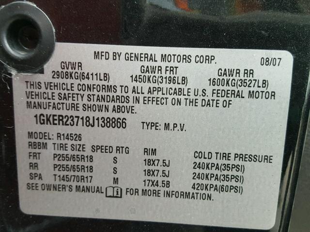 1GKER23718J138866 - 2008 GMC ACADIA SLT შავი ფოტო 10