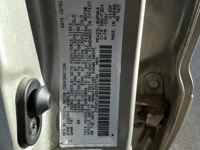 JTEHF21A820057744 - 2002 TOYOTA HIGHLANDER SILVER photo 10