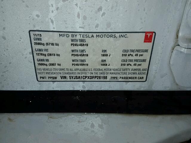 5YJSA1CPXDFP26198 - 2013 TESLA MODEL S WHITE photo 10