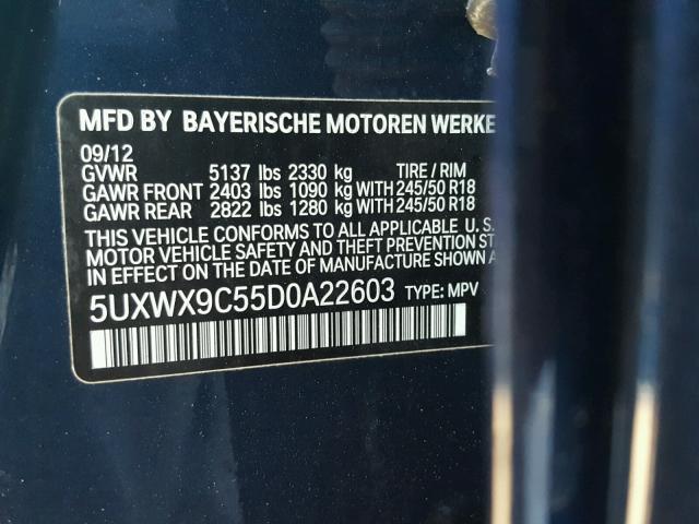 5UXWX9C55D0A22603 - 2013 BMW X3 XDRIVE2 BLUE photo 10