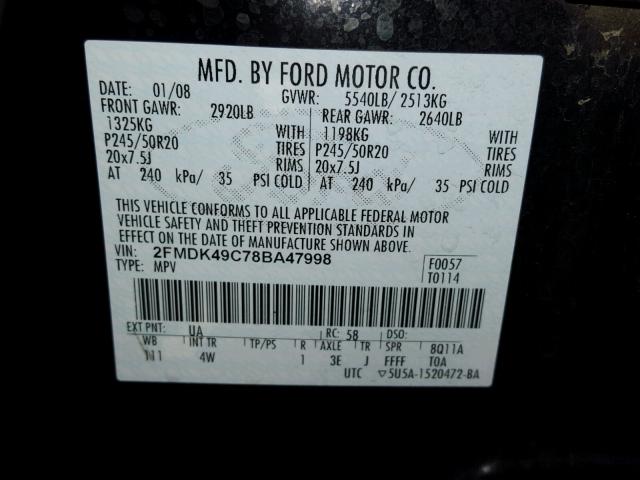 2FMDK49C78BA47998 - 2008 FORD EDGE LIMIT BLACK photo 10