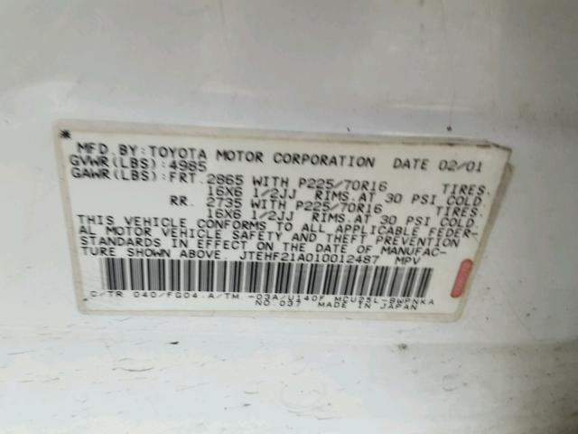 JTEHF21A010012487 - 2001 TOYOTA HIGHLANDER WHITE photo 10