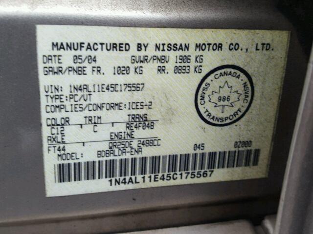 1N4AL11E45C175567 - 2005 NISSAN ALTIMA S BEIGE photo 10