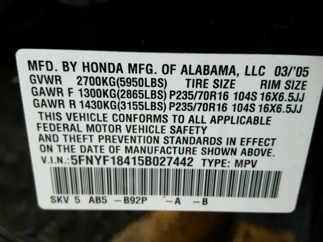 5FNYF18415B027442 - 2005 HONDA PILOT EX BLACK photo 10