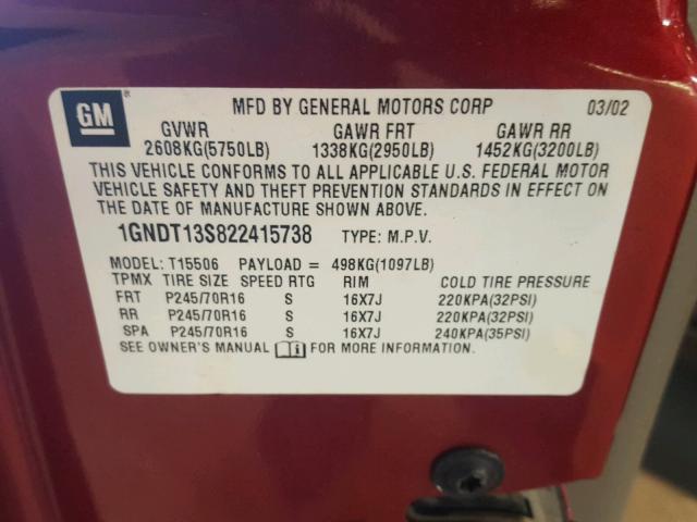 1GNDT13S822415738 - 2002 CHEVROLET TRAILBLAZE RED photo 10