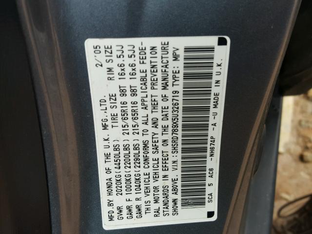 SHSRD789X5U326719 - 2005 HONDA CR-V SE GRAY photo 10