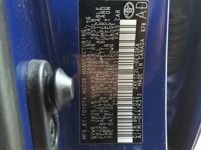 2T1BURHE5GC653330 - 2016 TOYOTA COROLLA L BLUE photo 10