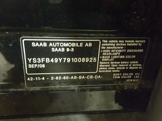 YS3FB49Y791008925 - 2009 SAAB 9-3 2.0T BLACK photo 10