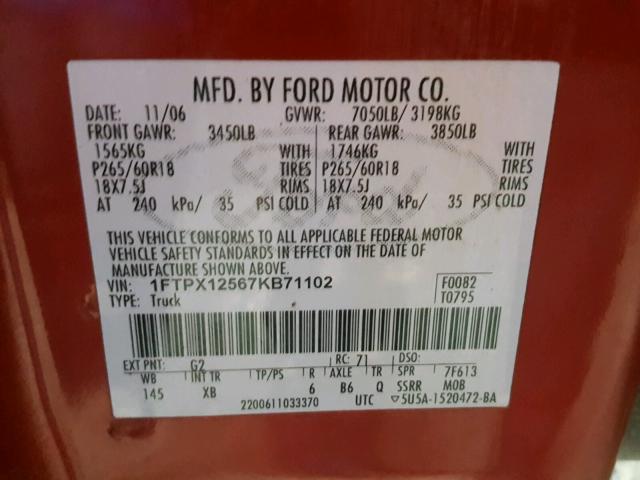 1FTPX12567KB71102 - 2007 FORD F150 RED photo 10