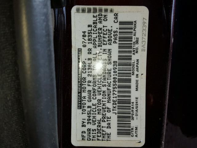 JTKDE177550010938 - 2005 TOYOTA SCION TC 勃艮第红 照片 10